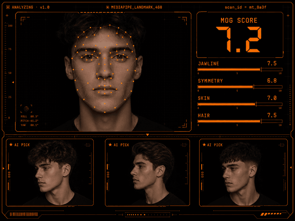 AI Omoggle dashboard preview showing MOG SCORE 7.2 with jawline / symmetry / skin / hair sub-scores and AI-recommended hairstyle picks